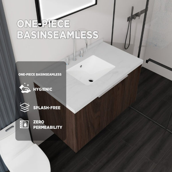 English Elm 36 Inch Wall Mounted Bathroom Vanity with Integrated Sink and Marble Cultured Countertop Brown Carrara White B2775S00152