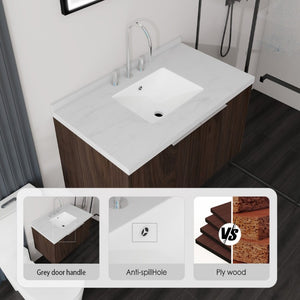 English Elm 36 Inch Wall Mounted Bathroom Vanity with Integrated Sink and Marble Cultured Countertop Brown Carrara White B2775S00152