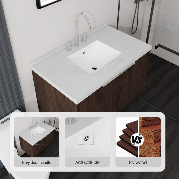 English Elm 36 Inch Wall Mounted Bathroom Vanity with Integrated Sink and Marble Cultured Countertop Brown Carrara White B2775S00152