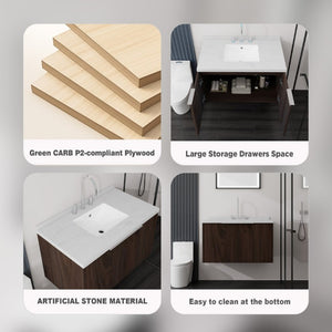 English Elm 36 Inch Wall Mounted Bathroom Vanity with Integrated Sink and Marble Cultured Countertop Brown Carrara White B2775S00152