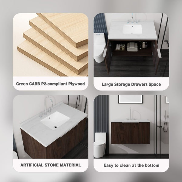 English Elm 36 Inch Wall Mounted Bathroom Vanity with Integrated Sink and Marble Cultured Countertop Brown Carrara White B2775S00152
