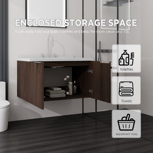 English Elm 36 Inch Wall Mounted Bathroom Vanity with Integrated Sink and Marble Cultured Countertop Brown Carrara White B2775S00152
