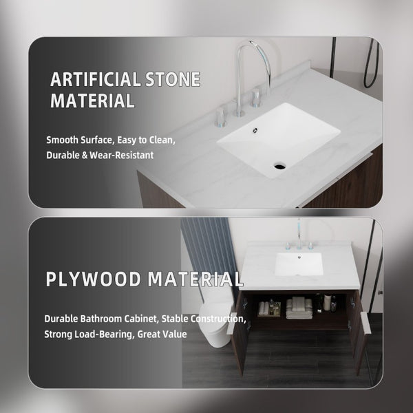 English Elm 36 Inch Wall Mounted Bathroom Vanity with Integrated Sink and Marble Cultured Countertop Brown Carrara White B2775S00152