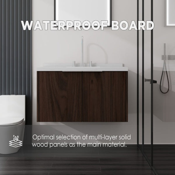 English Elm 36 Inch Wall Mounted Bathroom Vanity with Integrated Sink and Marble Cultured Countertop Brown Carrara White B2775S00152