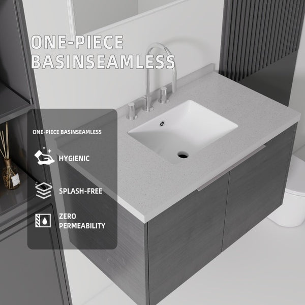 English Elm 36 Inch Wall Mounted Bathroom Vanity with Integrated Sink and Marble Cultured Countertop Grey Granite White B2775S00153