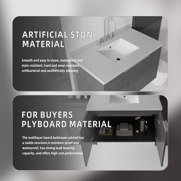 English Elm 36 Inch Wall Mounted Bathroom Vanity with Integrated Sink and Marble Cultured Countertop Grey Granite White B2775S00153