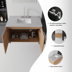 English Elm 36 Inch Wall Mounted Bathroom Vanity with Integrated Sink and Marble Cultured Countertop Oak Granite White B2775S00154