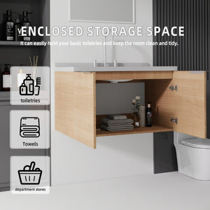 English Elm 36 Inch Wall Mounted Bathroom Vanity with Integrated Sink and Marble Cultured Countertop Oak Granite White B2775S00154