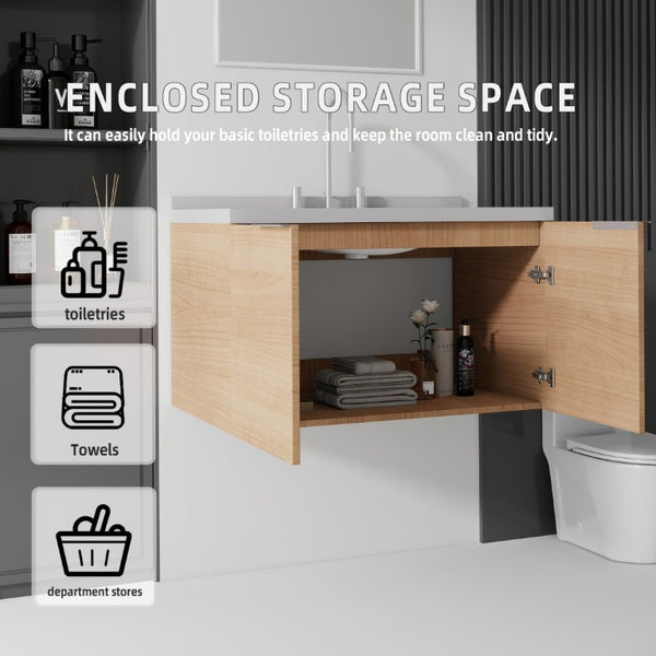 English Elm 36 Inch Wall Mounted Bathroom Vanity with Integrated Sink and Marble Cultured Countertop Oak Granite White B2775S00154