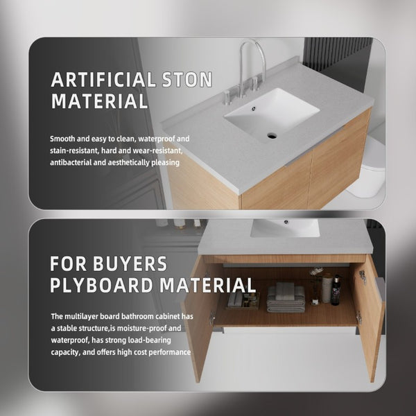English Elm 36 Inch Wall Mounted Bathroom Vanity with Integrated Sink and Marble Cultured Countertop Oak Granite White B2775S00154