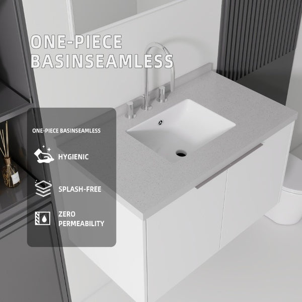 English Elm 36 Inch Wall Mounted Bathroom Vanity with Integrated Sink and Marble Cultured Countertop White Granite White B2775S00155