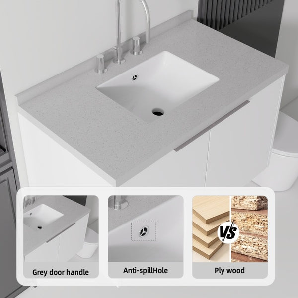 English Elm 36 Inch Wall Mounted Bathroom Vanity with Integrated Sink and Marble Cultured Countertop White Granite White B2775S00155