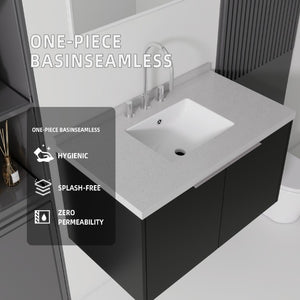 English Elm 36 Inch Wall Mounted Bathroom Vanity with Integrated Sink and Marble Cultured Countertop Black Granite White B2775S00156