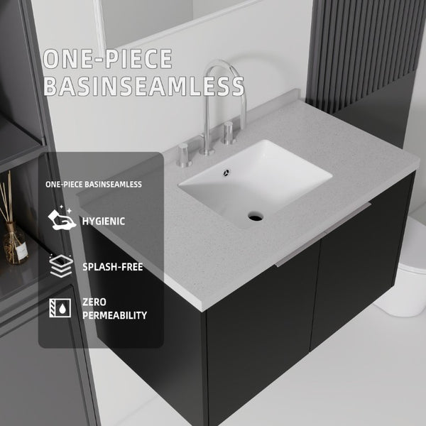 English Elm 36 Inch Wall Mounted Bathroom Vanity with Integrated Sink and Marble Cultured Countertop Black Granite White B2775S00156