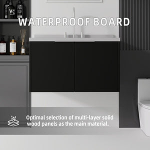 English Elm 36 Inch Wall Mounted Bathroom Vanity with Integrated Sink and Marble Cultured Countertop Black Granite White B2775S00156