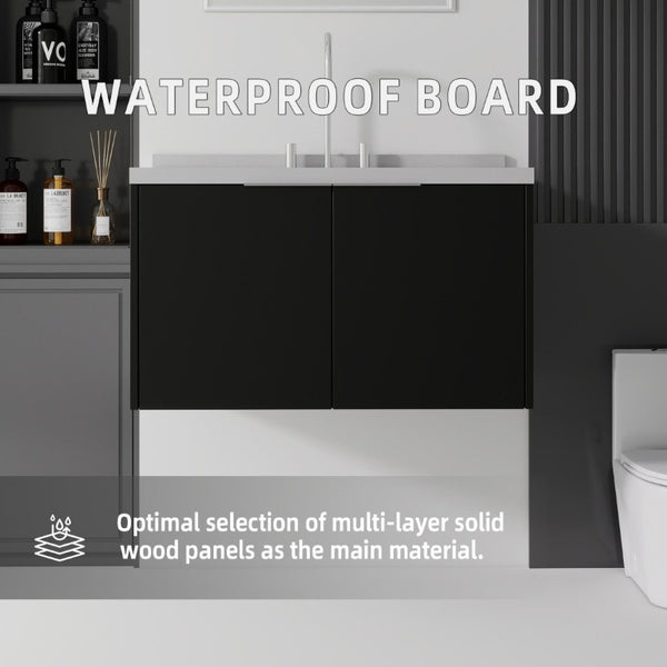 English Elm 36 Inch Wall Mounted Bathroom Vanity with Integrated Sink and Marble Cultured Countertop Black Granite White B2775S00156