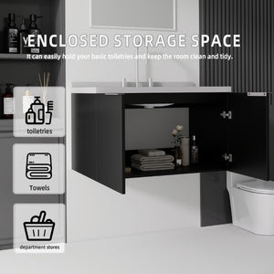 English Elm 36 Inch Wall Mounted Bathroom Vanity with Integrated Sink and Marble Cultured Countertop Black Granite White B2775S00156