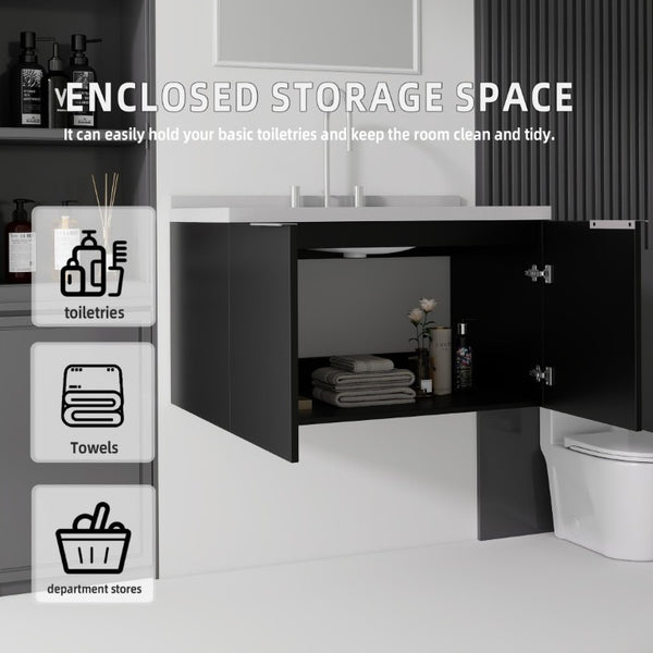 English Elm 36 Inch Wall Mounted Bathroom Vanity with Integrated Sink and Marble Cultured Countertop Black Granite White B2775S00156
