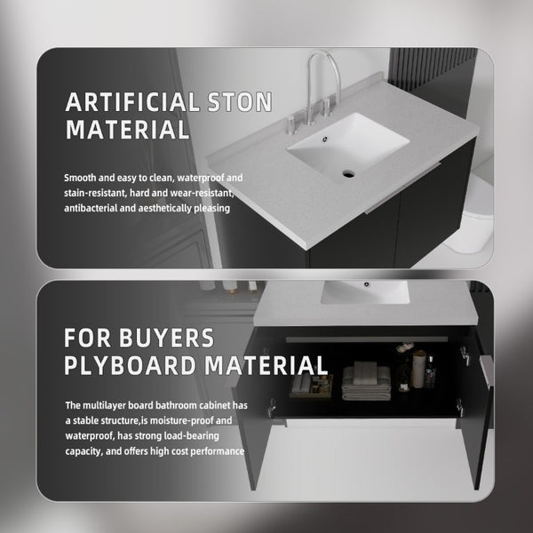 English Elm 36 Inch Wall Mounted Bathroom Vanity with Integrated Sink and Marble Cultured Countertop Black Granite White B2775S00156