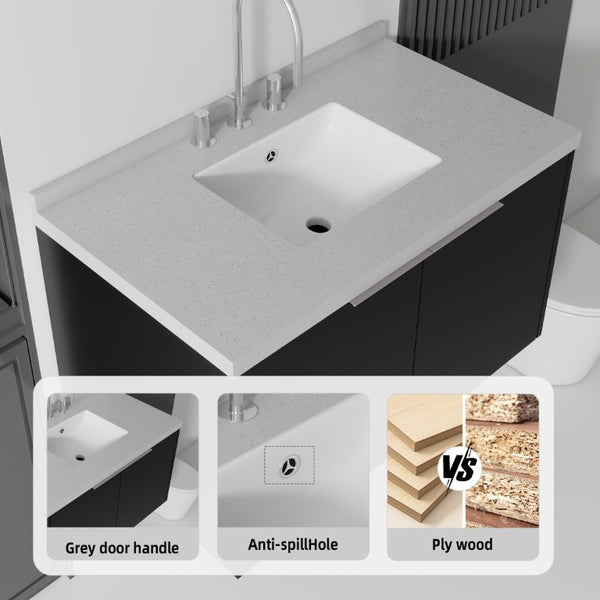 English Elm 36 Inch Wall Mounted Bathroom Vanity with Integrated Sink and Marble Cultured Countertop Black Granite White B2775S00156