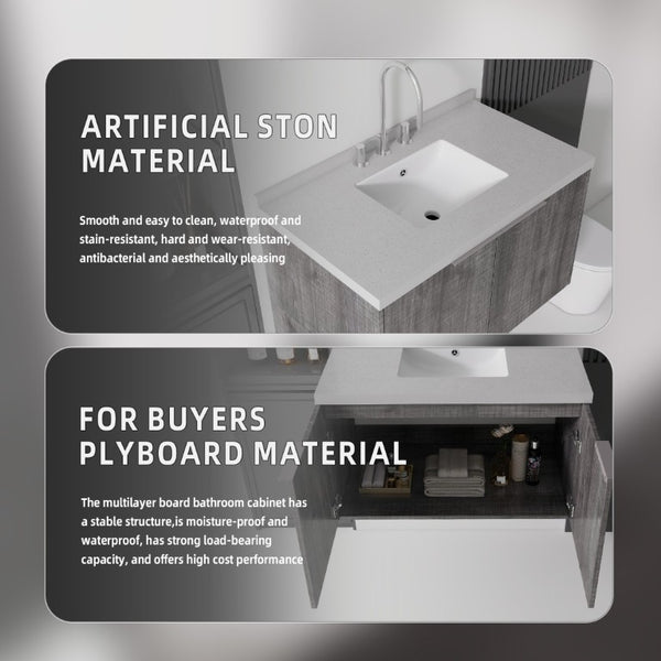 English Elm 36 Inch Wall Mounted Bathroom Vanity with Integrated Sink and Marble Cultured Countertop Grey - B Granite White B2775S00157