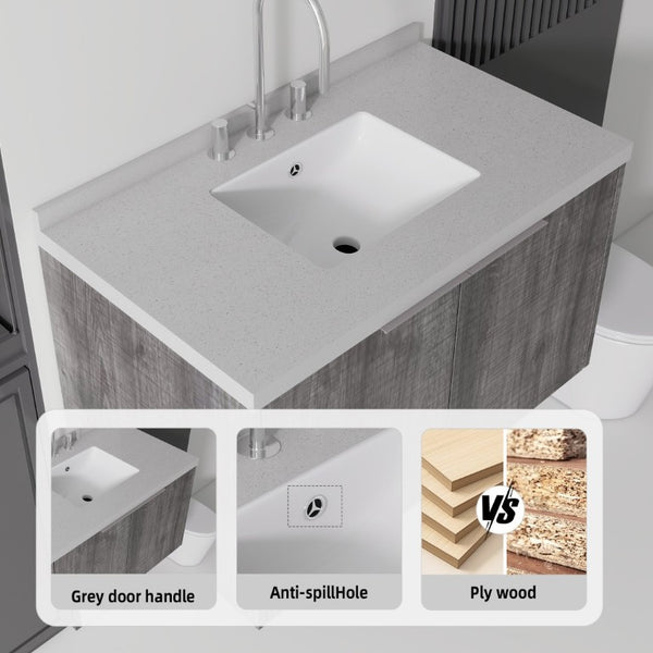English Elm 36 Inch Wall Mounted Bathroom Vanity with Integrated Sink and Marble Cultured Countertop Grey - B Granite White B2775S00157