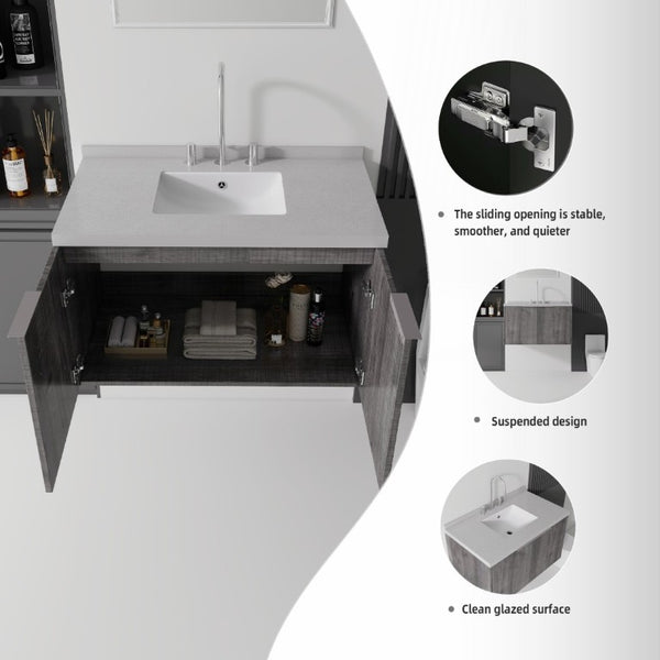 English Elm 36 Inch Wall Mounted Bathroom Vanity with Integrated Sink and Marble Cultured Countertop Grey - B Granite White B2775S00157