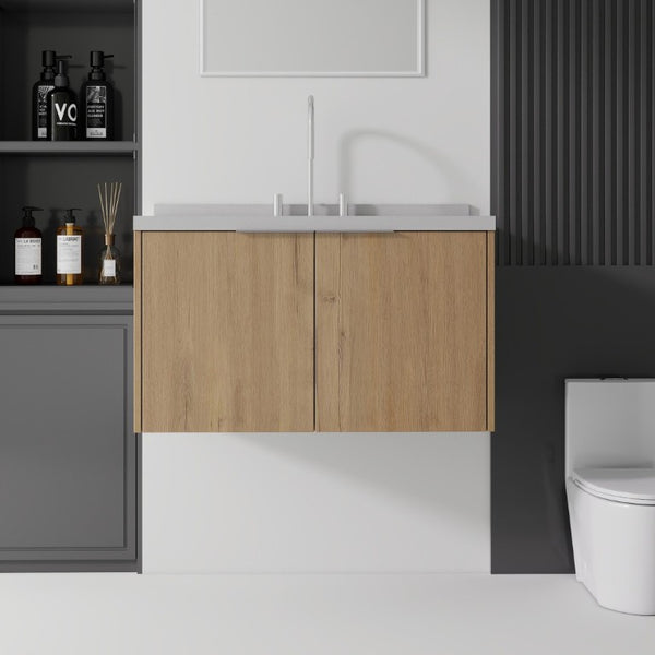 English Elm 36 Inch Wall Mounted Bathroom Vanity with Integrated Sink and Marble Cultured Countertop Oak - B Granite White B2775S00158