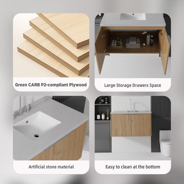 English Elm 36 Inch Wall Mounted Bathroom Vanity with Integrated Sink and Marble Cultured Countertop Oak - B Granite White B2775S00158