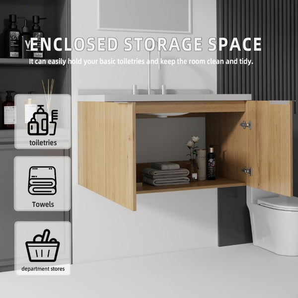 English Elm 36 Inch Wall Mounted Bathroom Vanity with Integrated Sink and Marble Cultured Countertop Oak - B Granite White B2775S00158