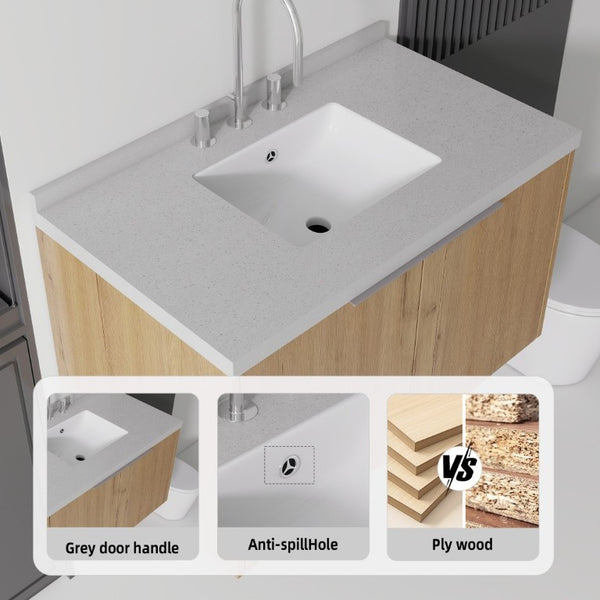 English Elm 36 Inch Wall Mounted Bathroom Vanity with Integrated Sink and Marble Cultured Countertop Oak - B Granite White B2775S00158