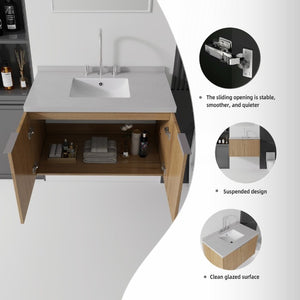 English Elm 36 Inch Wall Mounted Bathroom Vanity with Integrated Sink and Marble Cultured Countertop Oak - B Granite White B2775S00158