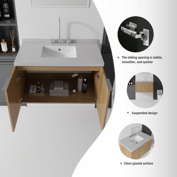 English Elm 36 Inch Wall Mounted Bathroom Vanity with Integrated Sink and Marble Cultured Countertop Oak - B Granite White B2775S00158