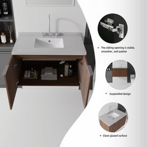 English Elm 36 Inch Wall Mounted Bathroom Vanity with Integrated Sink and Marble Cultured Countertop Brown Granite White B2775S00159