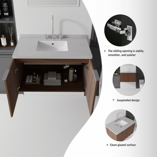 English Elm 36 Inch Wall Mounted Bathroom Vanity with Integrated Sink and Marble Cultured Countertop Brown Granite White B2775S00159