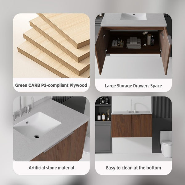 English Elm 36 Inch Wall Mounted Bathroom Vanity with Integrated Sink and Marble Cultured Countertop Brown Granite White B2775S00159