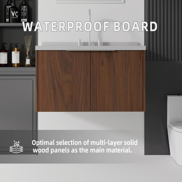 English Elm 36 Inch Wall Mounted Bathroom Vanity with Integrated Sink and Marble Cultured Countertop Brown Granite White B2775S00159