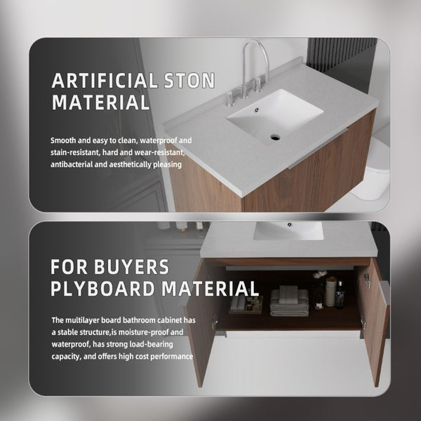 English Elm 36 Inch Wall Mounted Bathroom Vanity with Integrated Sink and Marble Cultured Countertop Brown Granite White B2775S00159
