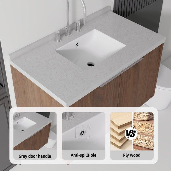 English Elm 36 Inch Wall Mounted Bathroom Vanity with Integrated Sink and Marble Cultured Countertop Brown Granite White B2775S00159