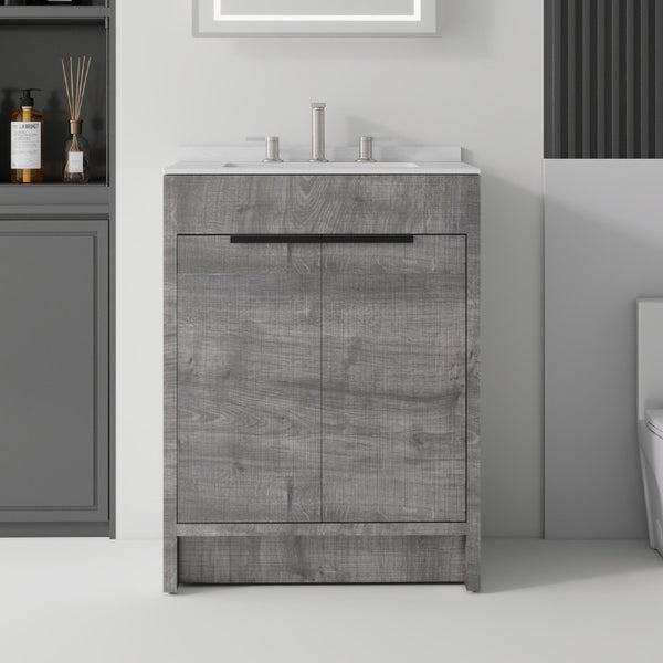 English Elm 24 Inch Freestanding Bathroom Vanity with Cultured Marble Top Soft Close Door Storage Grey Carrara White B2775S00160
