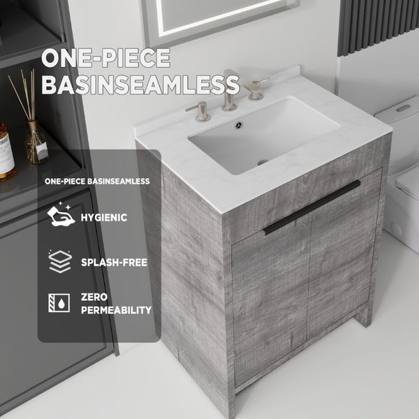 English Elm 24 Inch Freestanding Bathroom Vanity with Cultured Marble Top Soft Close Door Storage Grey Carrara White B2775S00160