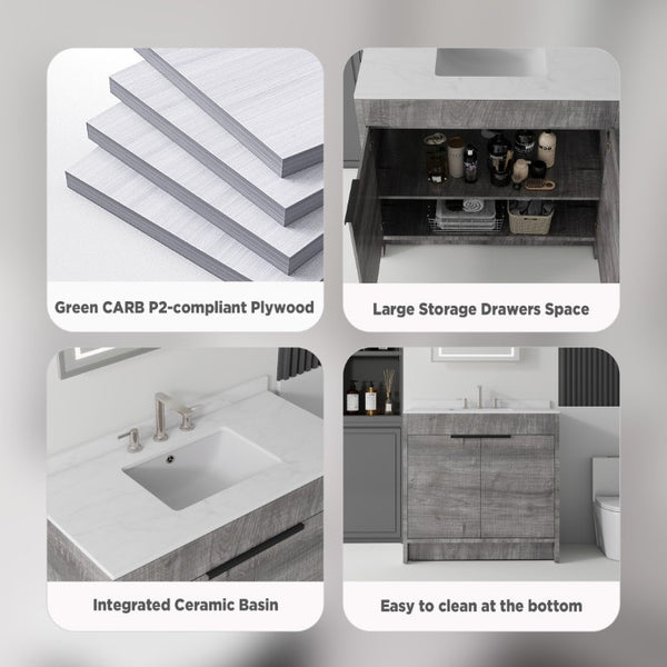 English Elm 24 Inch Freestanding Bathroom Vanity with Cultured Marble Top Soft Close Door Storage Grey Carrara White B2775S00160