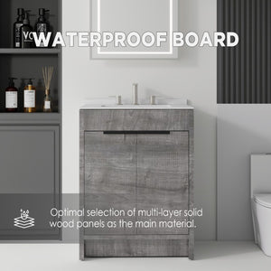 English Elm 24 Inch Freestanding Bathroom Vanity with Cultured Marble Top Soft Close Door Storage Grey Carrara White B2775S00160