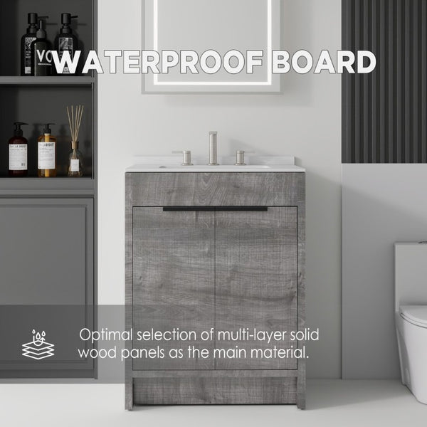 English Elm 24 Inch Freestanding Bathroom Vanity with Cultured Marble Top Soft Close Door Storage Grey Carrara White B2775S00160