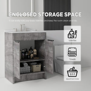 English Elm 24 Inch Freestanding Bathroom Vanity with Cultured Marble Top Soft Close Door Storage Grey Carrara White B2775S00160