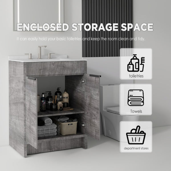 English Elm 24 Inch Freestanding Bathroom Vanity with Cultured Marble Top Soft Close Door Storage Grey Carrara White B2775S00160