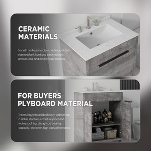 English Elm 24 Inch Freestanding Bathroom Vanity with Cultured Marble Top Soft Close Door Storage Grey Carrara White B2775S00160