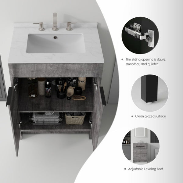 English Elm 24 Inch Freestanding Bathroom Vanity with Cultured Marble Top Soft Close Door Storage Grey Carrara White B2775S00160