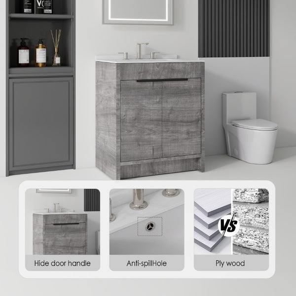 English Elm 24 Inch Freestanding Bathroom Vanity with Cultured Marble Top Soft Close Door Storage Grey Carrara White B2775S00160