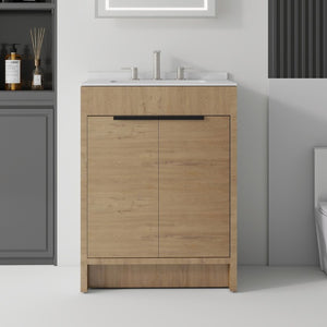 English Elm 24 Inch Freestanding Bathroom Vanity with Cultured Marble Top Soft Close Door Storage Oak Carrara White B2775S00161